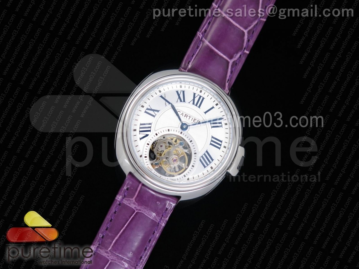 까르띠에 클레 드 뚜르비옹 35MM 화이트 텍스트다이얼 / 퍼플 악어 스트랩 Cle de Cartier Tourbillon SS 35mm White Textured Dial on Purple Croco Strap