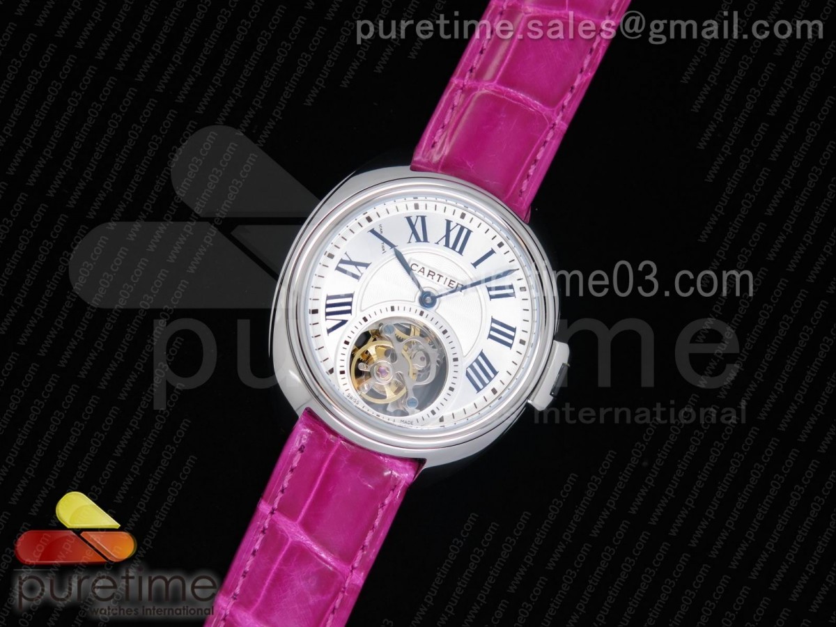 까르띠에 클레 드 뚜르비옹 35MM 화이트 텍스트다이얼 / 딥핑크 악어 스트랩 Cle de Cartier Tourbillon SS 35mm White Textured Dial on Deep Pink Croco Strap