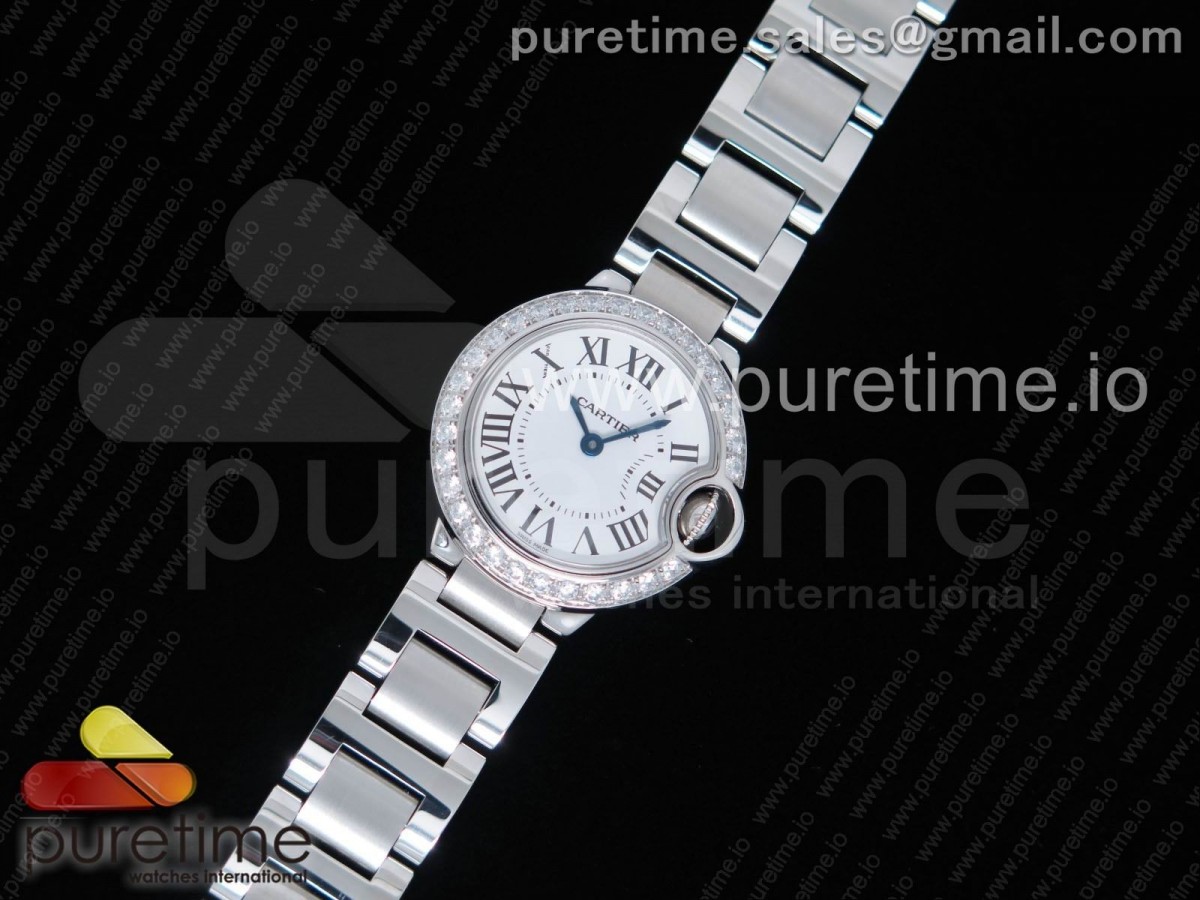 V6공장 까르띠에 발롱블루 28MM 화이트 다이얼 다이아몬드베젤 / 브슬 Ballon Bleu 28mm SS V6F 1:1 Best Edition White Dial Diamonds Bezel on SS Bracelet Ronda Quartz