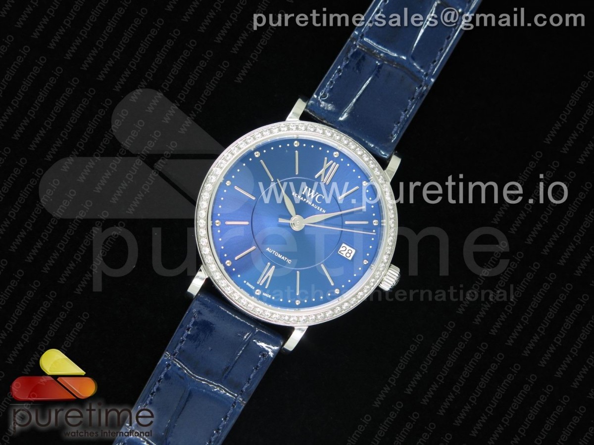 MK공장 IWC 포르토피노 골드 가죽 Portofino Automatic 37 SS MK 1:1 Best Edition Blue Dial Diamonds Bezel on Blue Leather Strap MIYOTA 9015