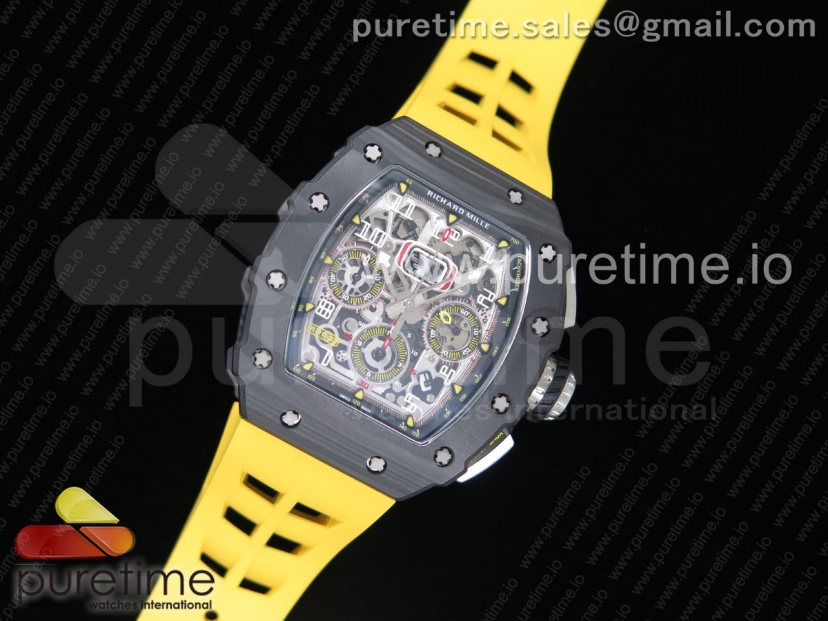 KV공장 리차드밀 RM011 카본 케이스 크로노 RM011 Carbon Case Chrono KVF 1:1 Best Edition Crystal Skeleton Yellow Dial on Blue Racing Rubber Strap A7750