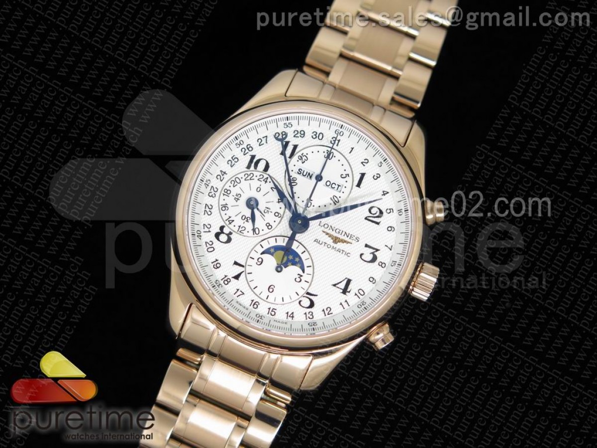 YL공장 론진 마스터 문페이스 크로노그래프 로즈골드 화이트 다이얼 브레이슬릿 Master Moonphase Chronograph RG YLF 1:1 Best Edition White Dial on RG Bracelet A7751