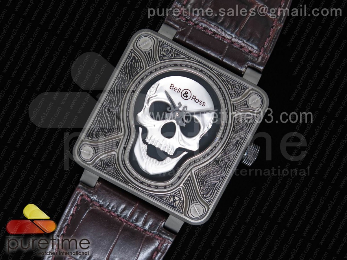 벨엔로스 버닝 스컬 타투 실버 다이얼 브라운 레더 스트랩 Bell & Ross BR01 Burning Skull ‘Tattoo’ Watch Silver Dial on Brown Leather Strap MIYOTA 9015