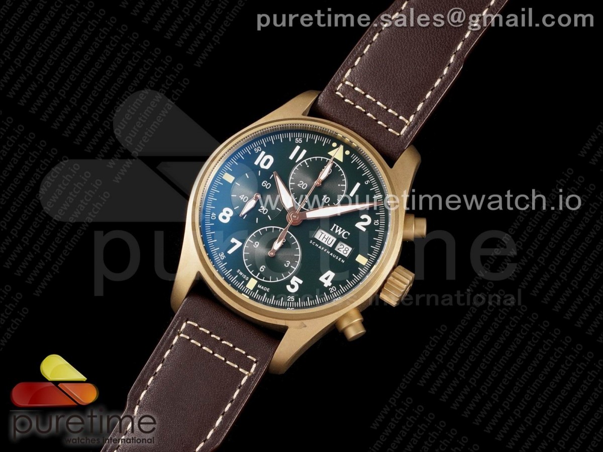 AZ공장 IWC 파일럿 크로노그래프 스핏파이어 브론즈케이스 그린다이얼 가죽 / Pilot Chrono Spitfire IW387902 Bronze AZF 1:1 Best Edition Green Dial on Brown Leather Strap A7750