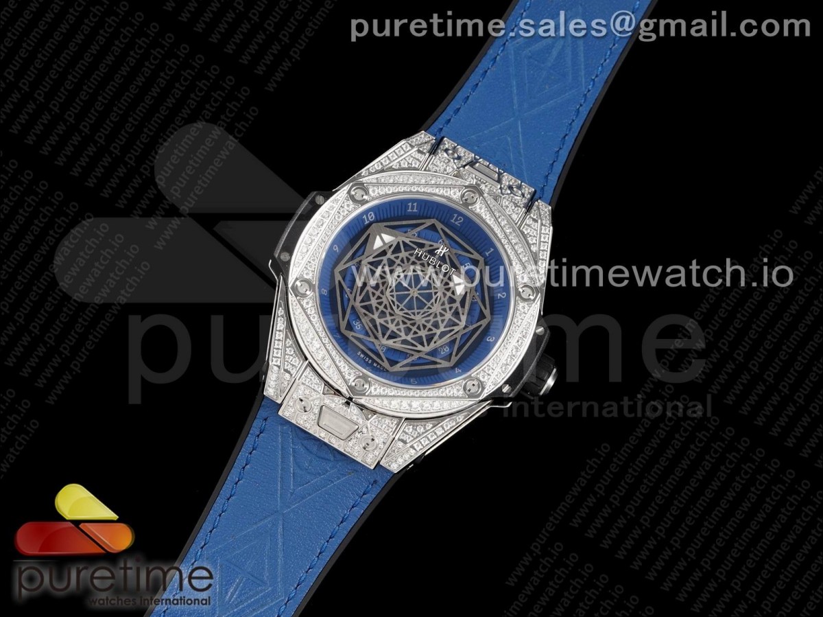 HB공장 위블로 빅뱅 유니코 상블루 티타늄 스켈리톤다이얼 거미스트랩 / Big Bang Unico Sang Bleu SS Full Diamonds HBF Skeleton Dial on Blue Gummy Strap HUB1213