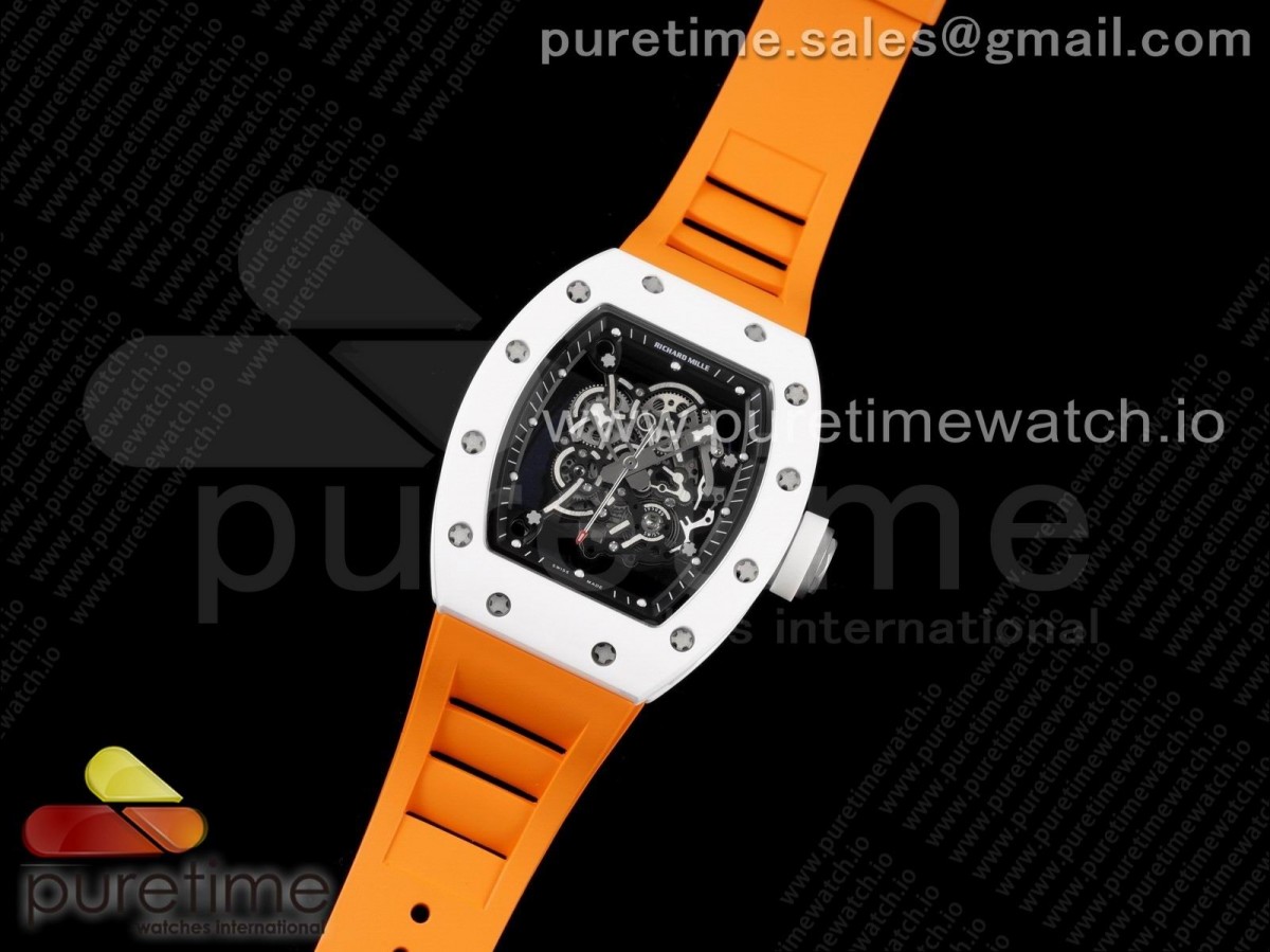 KV공장 V3 리차드밀 RM055 화이트세라믹 스켈레톤다이얼 오렌지러버 / RM055 White Ceramic KVF Best Edition Skeleton Dial Black on Orange Rubber Strap MIYOTA8215 V3