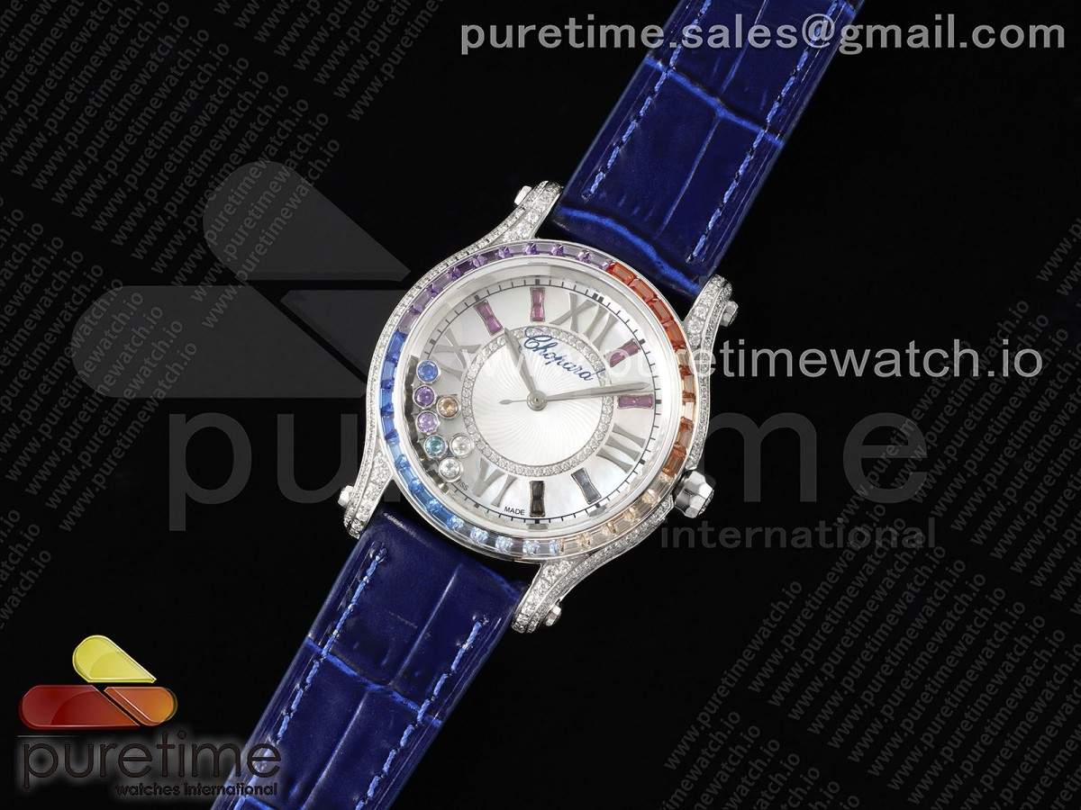 TWS공장 쇼파드 해피스포츠 36MM 레인보우다이아 화이트다이얼 가죽 /Happy Sport 36mm SS TWS 11 Best Edition Rainbow Diamonds Bezel White Dial on Blue Leather Strap A2892