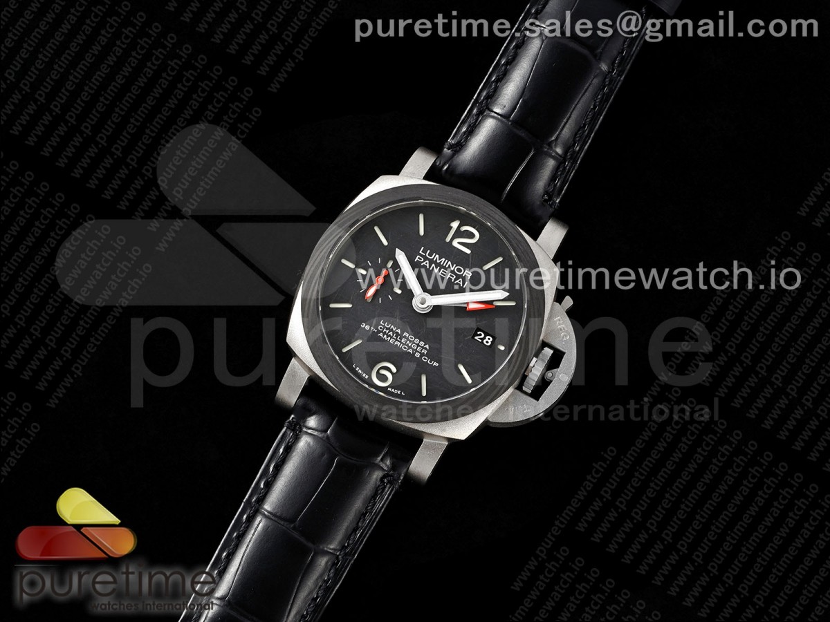 VS공장 파네라이 PAM1096 티타늄 GMT W Luminor GMT 42mm Titanium VSF 11 Best Edition Black Dial on Black Leather Strap P.9011 Super Clone