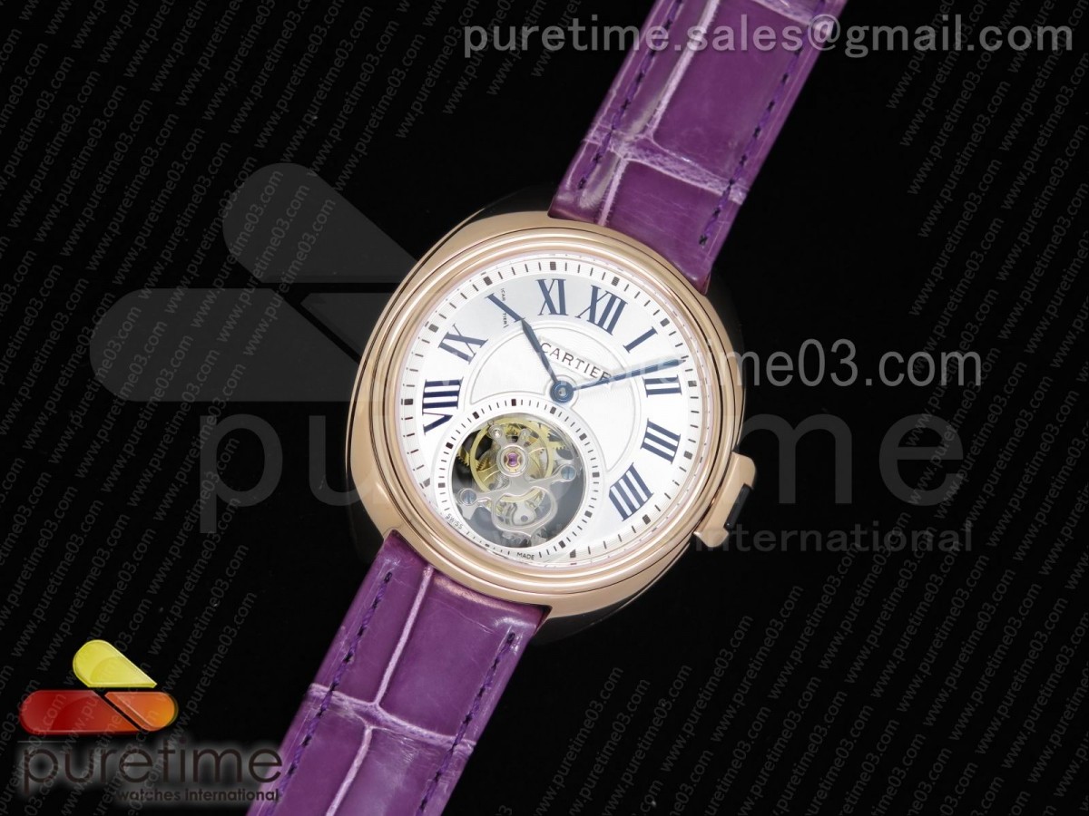 까르띠에 클레 드 뚜르비옹 35MM 화이트 텍스트다이얼 로즈골드 / 퍼플 악어 스트랩 Cle de Cartier Tourbillon RG 35mm White Textured Dial on Purple Croco Strap
