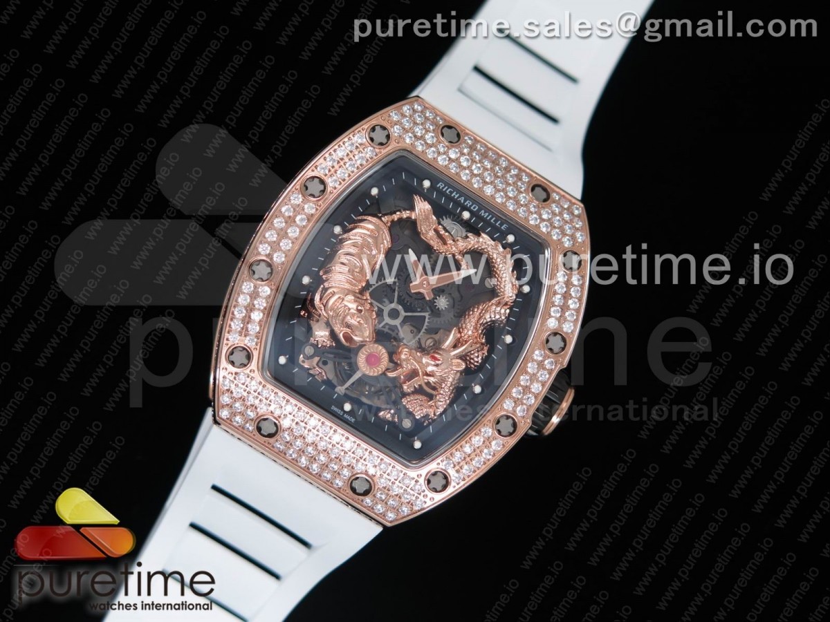 KV공장 리차드밀 RM51-01/ 러버 RM 51-01 RG Tiger & Dragon Diamonds Bezel KVF Best Edition on Whtie Rubber Strap MIYOTA8215