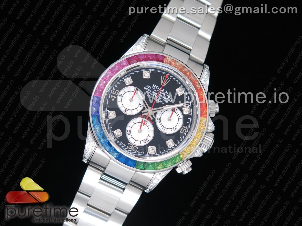 BL공장 롤렉스 데이토나 레인보우 크리스탈 Daytona 116599RBOW SS Rainbow Crystal BLF Best Edition Black Dial on RG Bracelet A4130