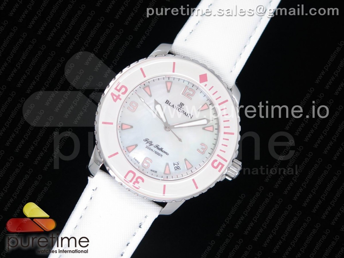 WT공장 블랑팡 패프티패덤즈 화이트 핑크 Fifty Fathoms White/Pink WTF Best Edition White Dial on White Sail-canvas Strap A1315