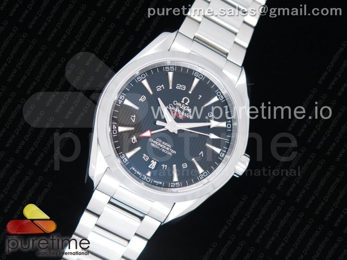 VS공장 오메가 아쿠아테라 150M GMT Aqua Terra 150M 43.5mm GMT SS VSF 1:1 Best Edition Black Textured Dial on SS Bracelet A8605 Super Clone V2