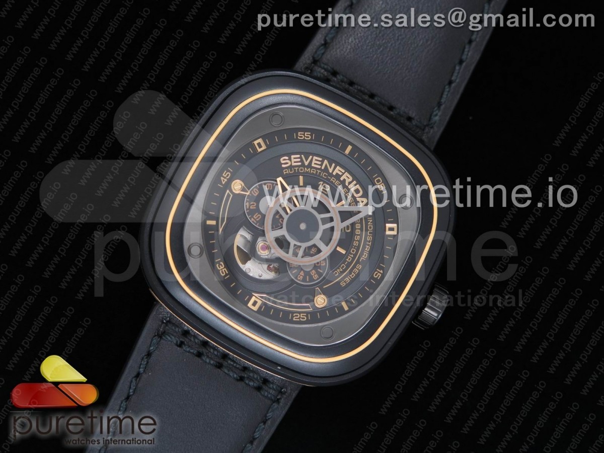 SV공장 세븐프라이데이 Sevenfriday P2/02 PVD SVF 1:1 Best Edition Gold Caseback Black Dial on Black Leather Strap Miyota 82S7