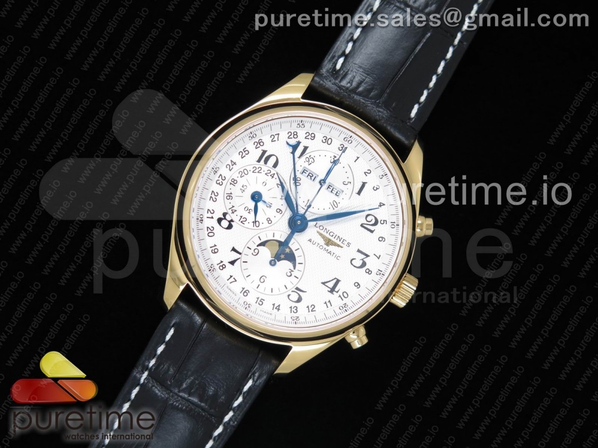 GS공장 론진 문페이즈 크로노 가죽 Master Moonphase Chronograph YG GSF 1:1 Best Edition White Dial on Black Leather Strap A7751