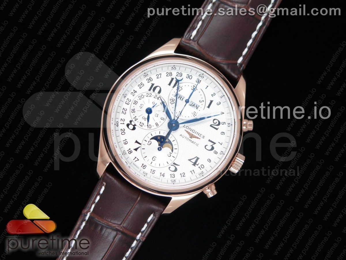 GS공장 론진 문페이즈 크로노 가죽 Master Moonphase Chronograph RG GSF 1:1 Best Edition White Dial on Brown Leather Strap A7751