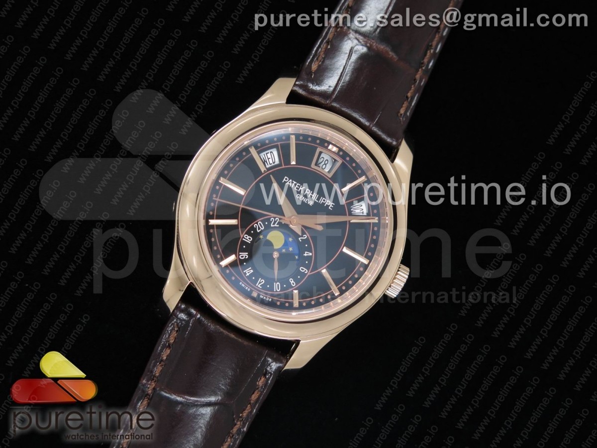 KM공장 파텍필립 컴플리케이션즈 시리즈 문페이즈 Complications Series Moonphase RG KMF Black Dial on Brown Leather Strap Cal.324