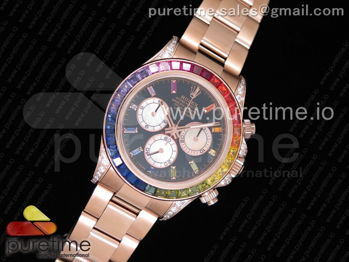 OM공장 롤렉스 데이토나 116595 레인보우 크리스탈 블랙 다이얼 Daytona 116595RBOW Rainbow Crystal Black Dial on RG Bracelet A4130