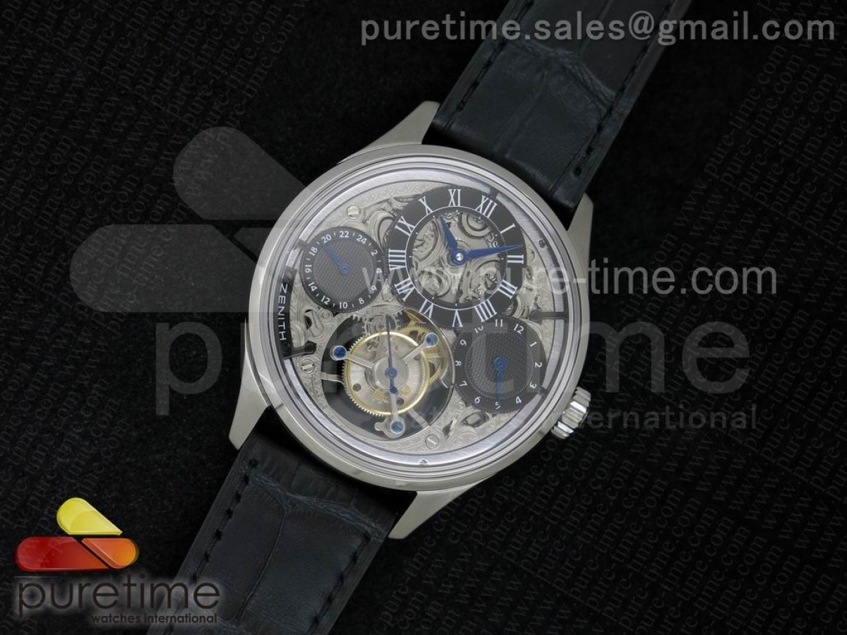 AX공장 제니스 엘프리메로 뚜르비옹 블랙스켈레톤 다이얼 브라운 레더 스트랩 El Primero Tourbillon SS AXF Black Skeleton Dial on Black Leather Strap