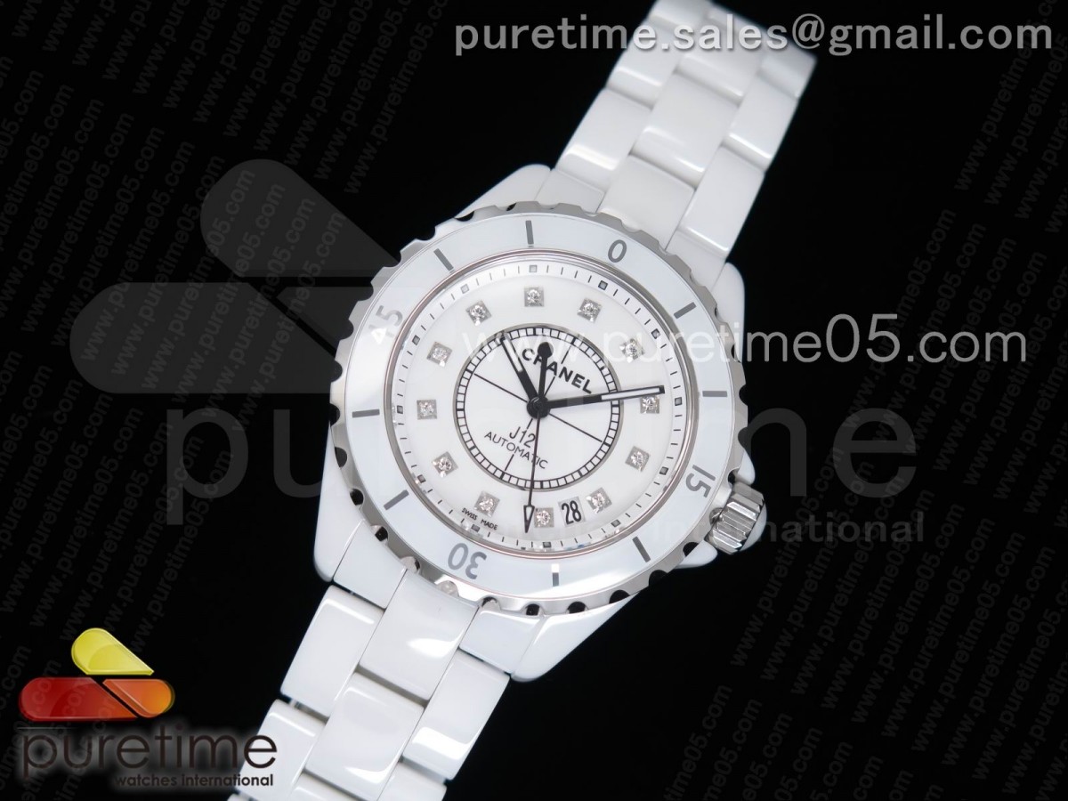 KOR 샤넬 J12 38MM 남성용 화이트 세라믹 다이아몬드 인덱스 J12 38mm KOR 1:1 Best Edition White Korea Ceramic White Dial Diamonds Markers on Bracelet A2892
