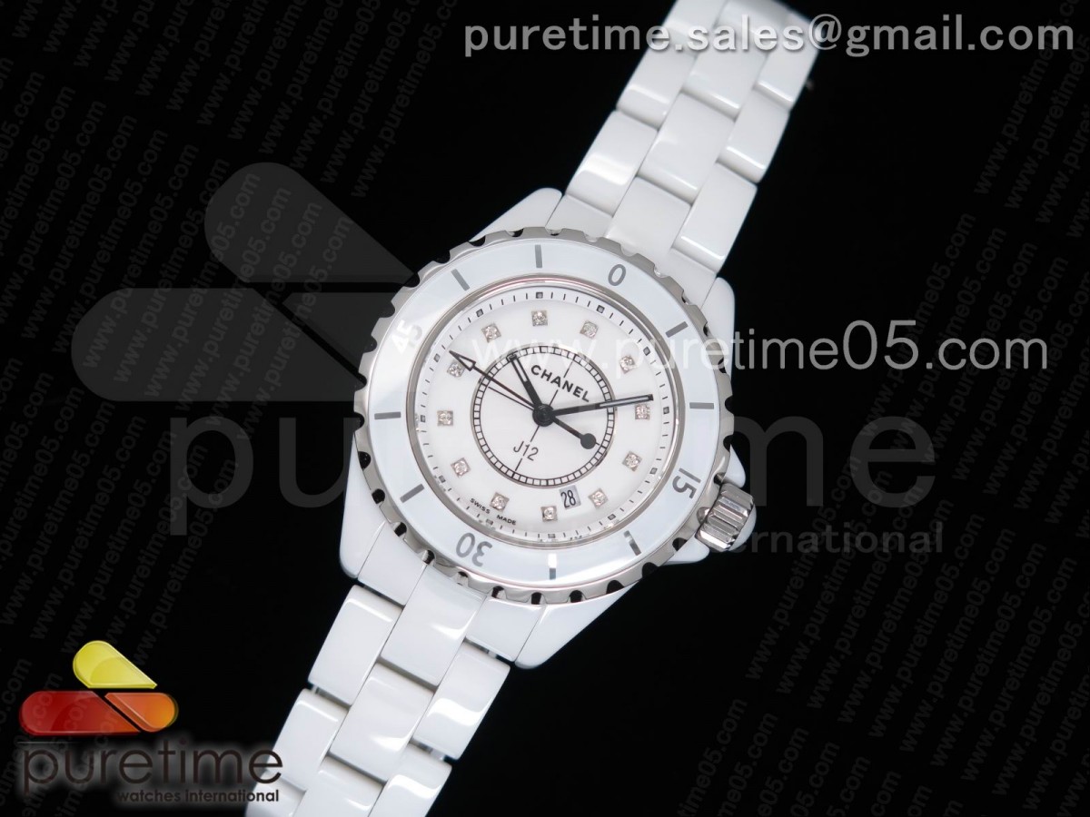 KOR공장 샤넬 J12 33MM 여성용 화이트 세라믹 화이트 다이아몬드 인덱스 J12 33mm KOR 1:1 Best Edition White Korea Ceramic White Dial Diamonds Markers on Bracelet Swiss Quartz