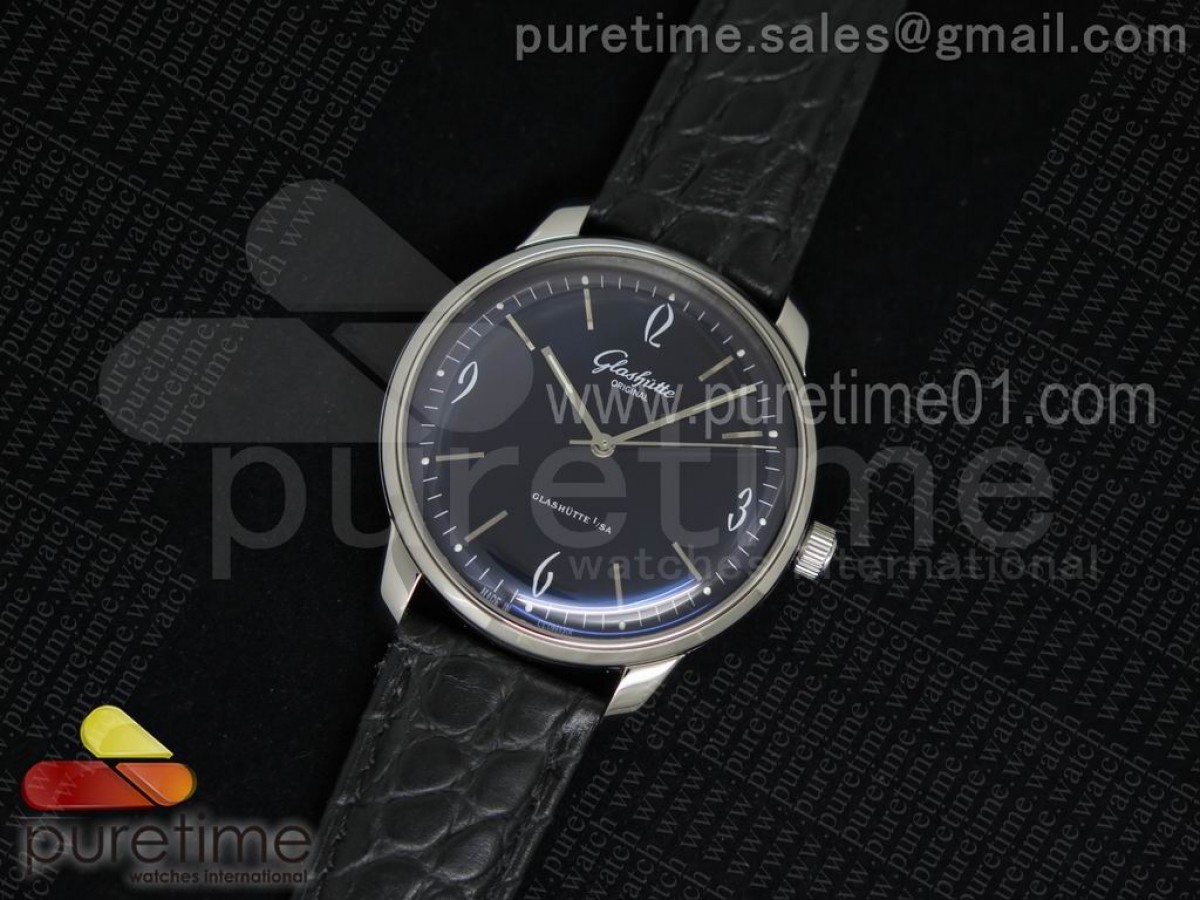 글라슈테 세너터 오토매틱 블랙 다이얼 Senator Automatic SS Black Dial on Black Leather Strap A3959