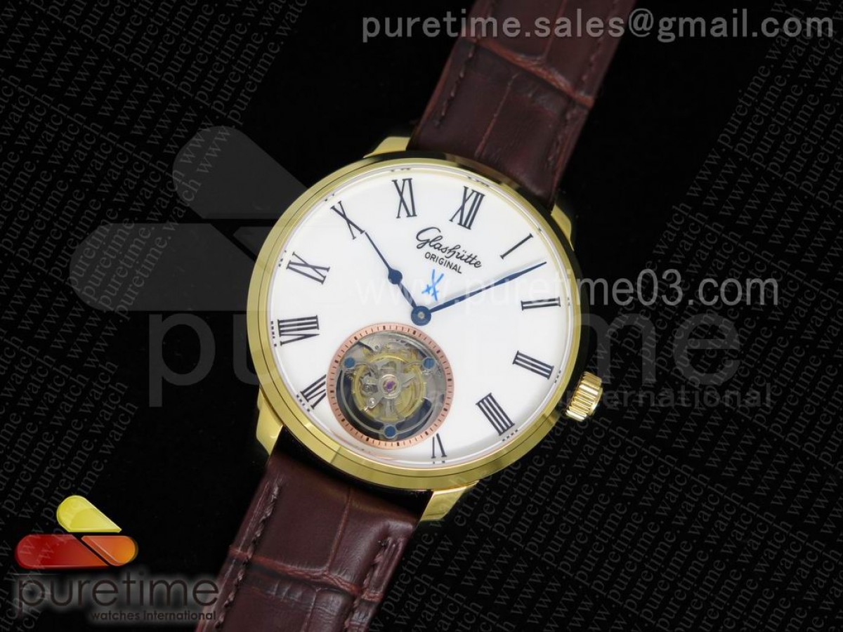 글라슈테 세너터 마이센 뚜르비용 옐로우골드 화이트 다이얼 Senator Meissen Tourbillon YG White Dial on Brown Leather Strap