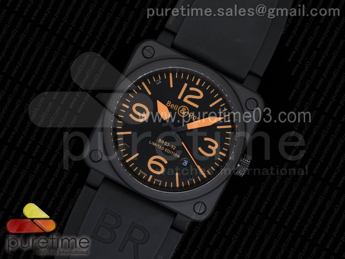 벨엔로스 03-92 블랙 다이얼 오렌지 마커스 블랙 러버 스트랩 BR 03-92 PVD Black Dial Orange Markers on Black Rubber Strap MIYOTA 9015