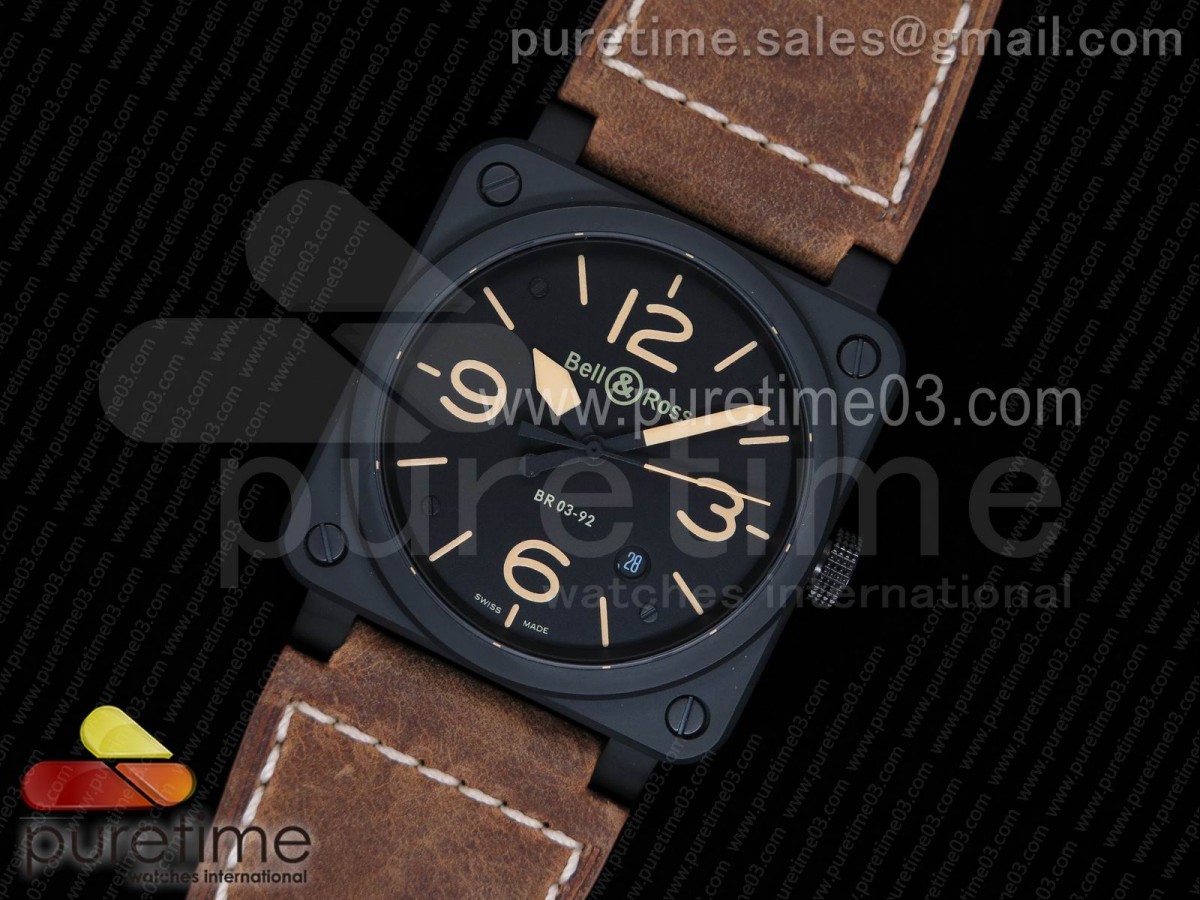 벨엔로스 03-92 블랙 다이얼 옐로우 마커스 브라운 레더 스트랩 BR 03-92 PVD Black Dial Yellow Markers on Brown Leather Strap MIYOTA 9015