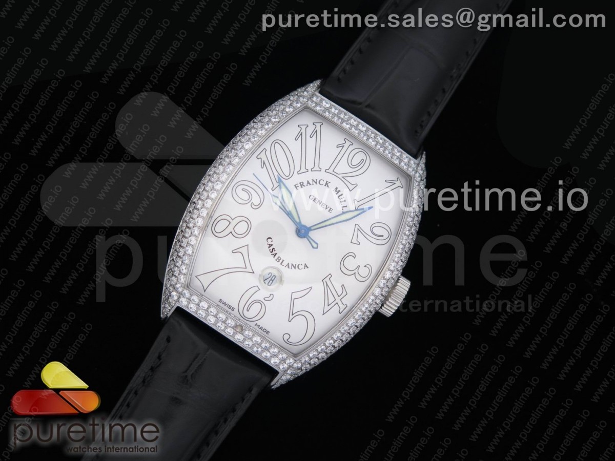 프랭크뮬러 카사블랑카 풀 파베 다이아몬드 화이트 다이얼 Casablanca SS Full Paved Diamonds White Dial on Black Leather Strap MIYOTA 821