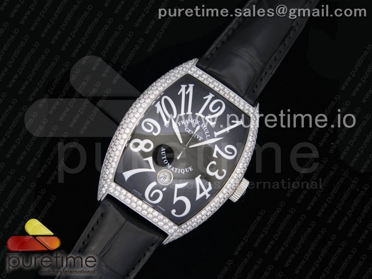 프랭크뮬러 카사블랑카 풀 파베 다이아몬드 블랙/화이트 다이얼 Casablanca SS Full Paved Diamonds Black/White Dial on Black Leather Strap MIYOTA 8215