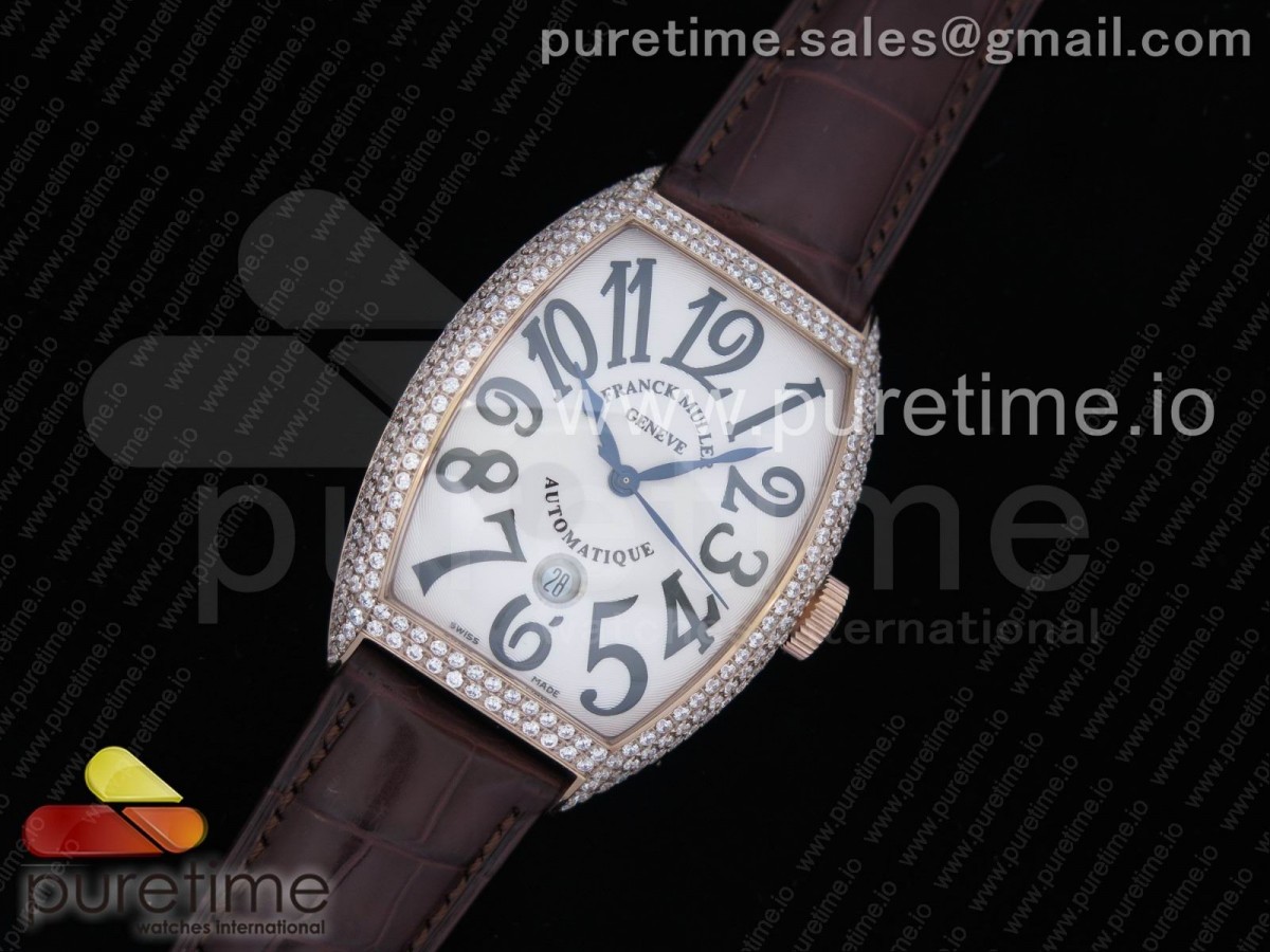 프랭크뮬러 카사블랑카 로즈골드 풀 파베 다이아몬드 화이트/블랙Casablanca RG Full Paved Diamonds White/Black Dial on Brown Leather Strap MIYOTA 8215