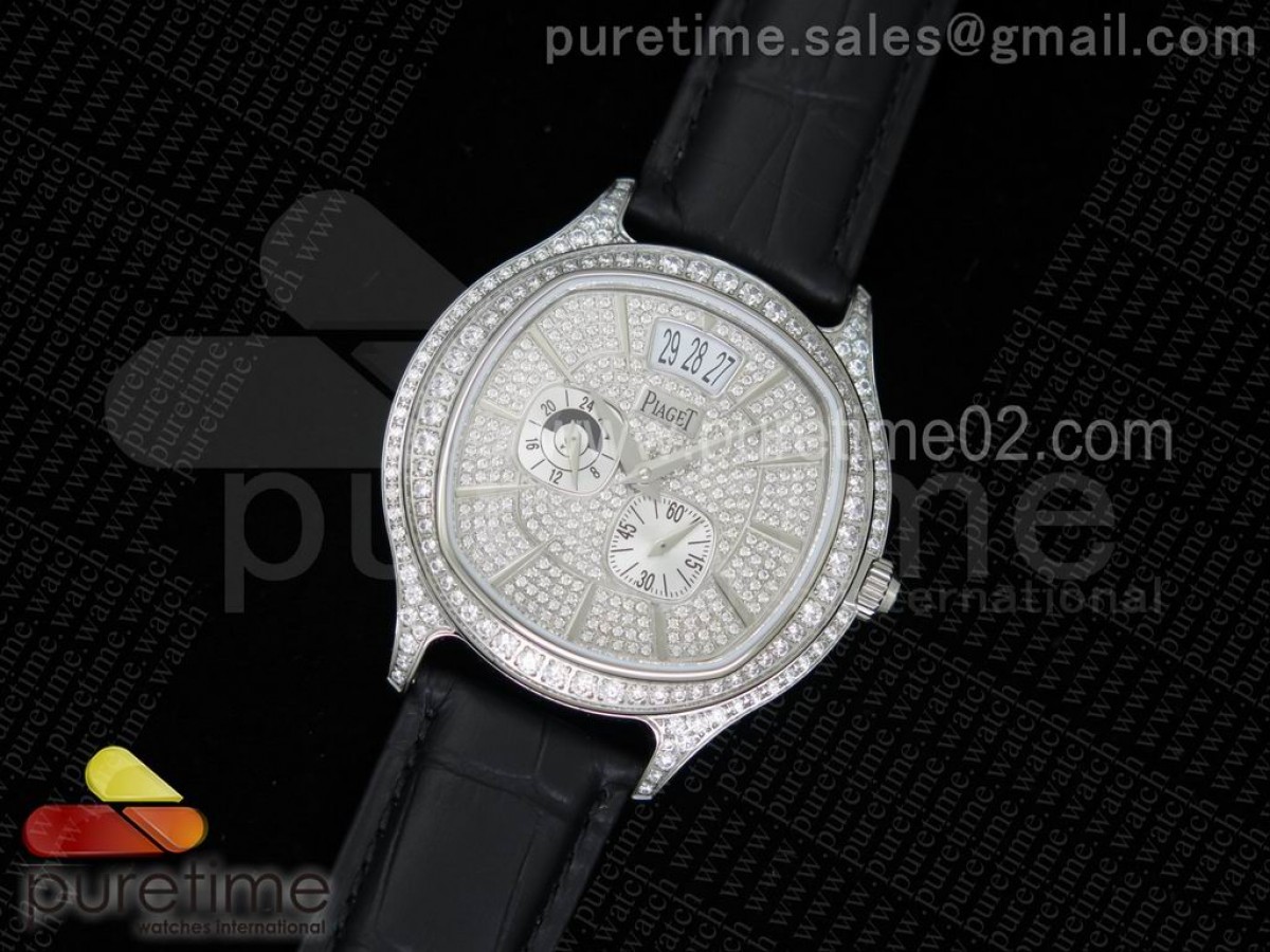 피아제 엠페라도르 풀 파베 다이아몬드 블랙 레더 스트랩  Emperador SS Full Paved Diamonds on Black Leather Strap A23J