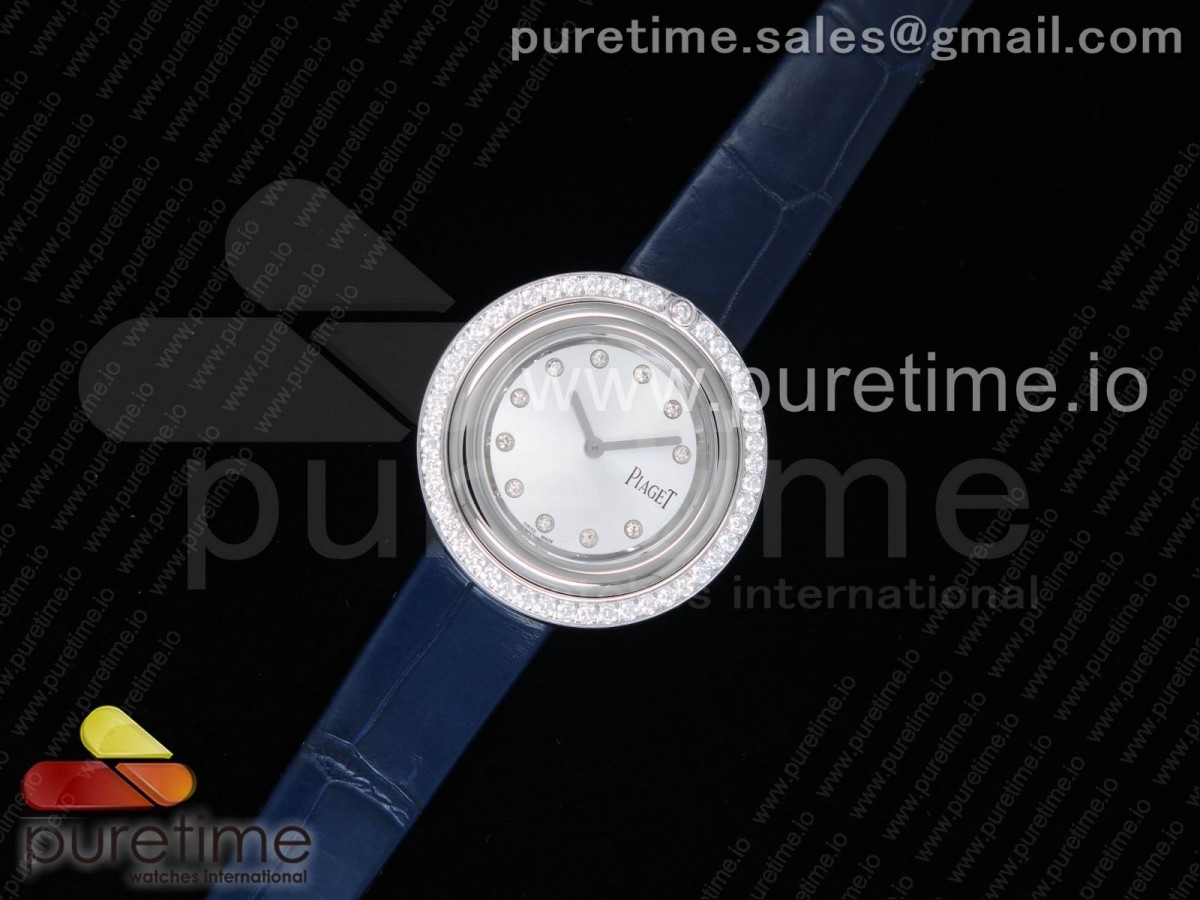 피아제 포제션 화이트 다이얼 다이아몬드 베젤 블루 레더 스트랩 Possession Watch SS White Dial Diamonds Bezel on Blue Leather Strap Jap Quartz Movement