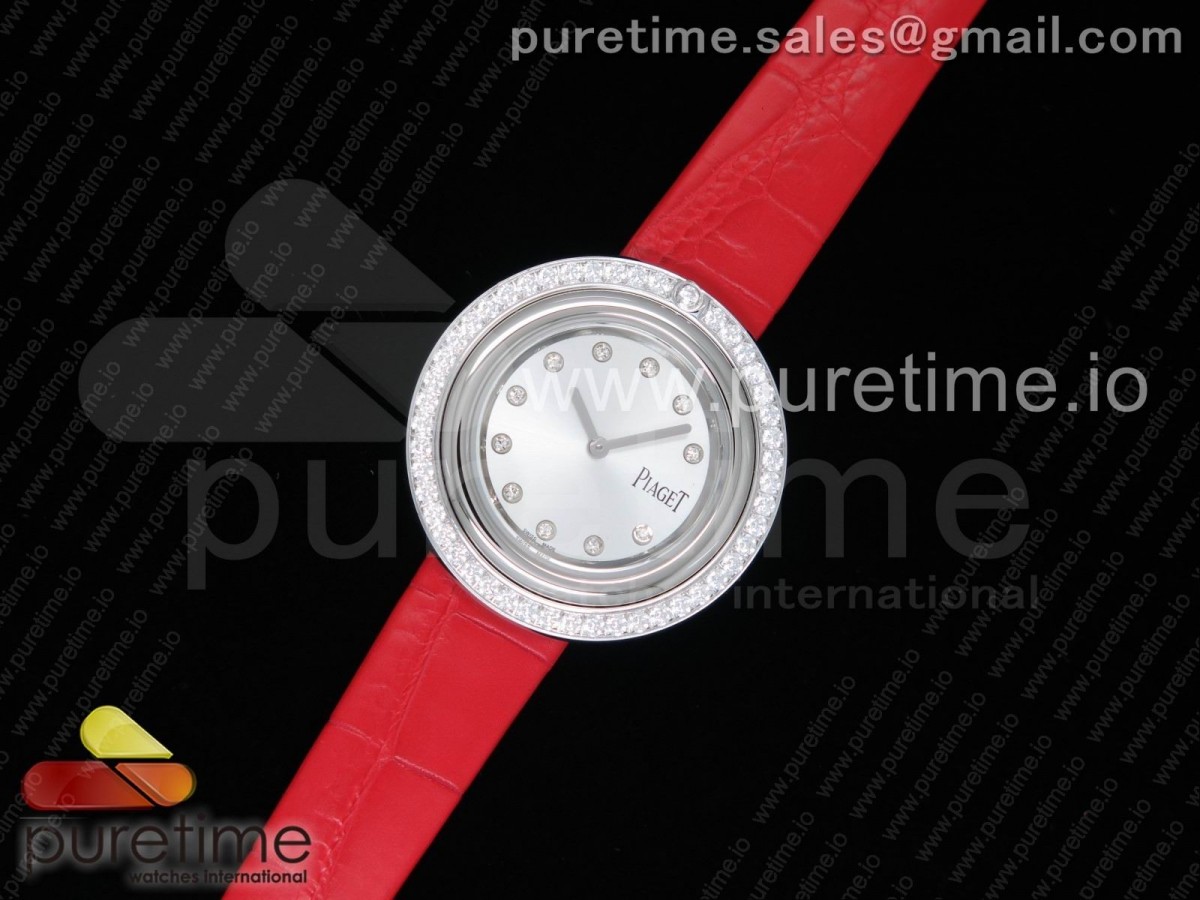 피아제 포제션 화이트 다이얼 다이아몬드 베젤 레드 레더 스트랩 Possession Watch SS White Dial Diamonds Bezel on Red Leather Strap Jap Quartz Movement