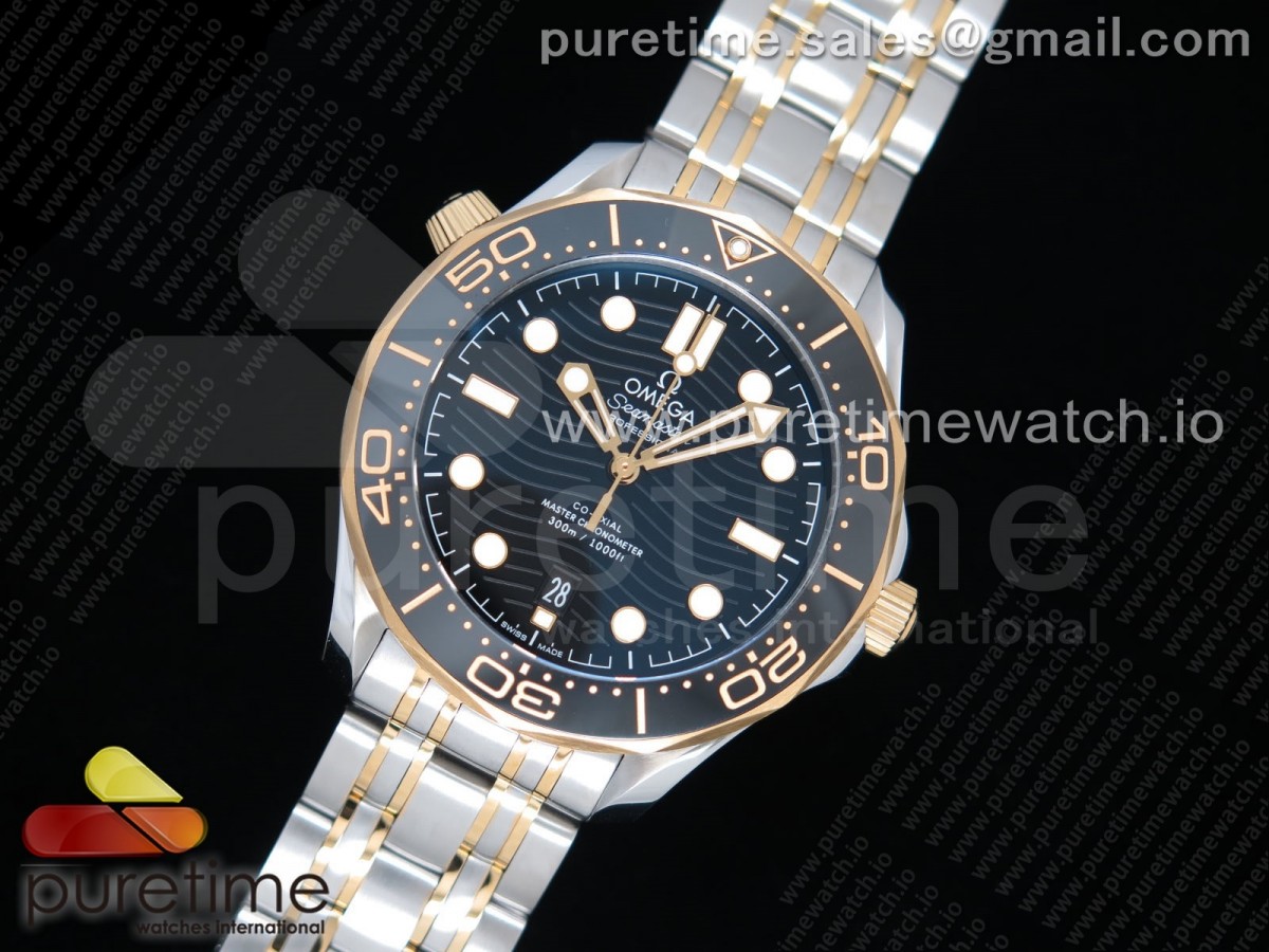 OM공장 오메가 씨마스터 다이버 300 옐로우골드 콤비 블랙세라믹 브슬 / 2018 Seamaster Diver 300M SSYG OMF Best Edition Black Ceramic Black Dial on SSYG Bracelet A8800 (Black Balance Wheel)