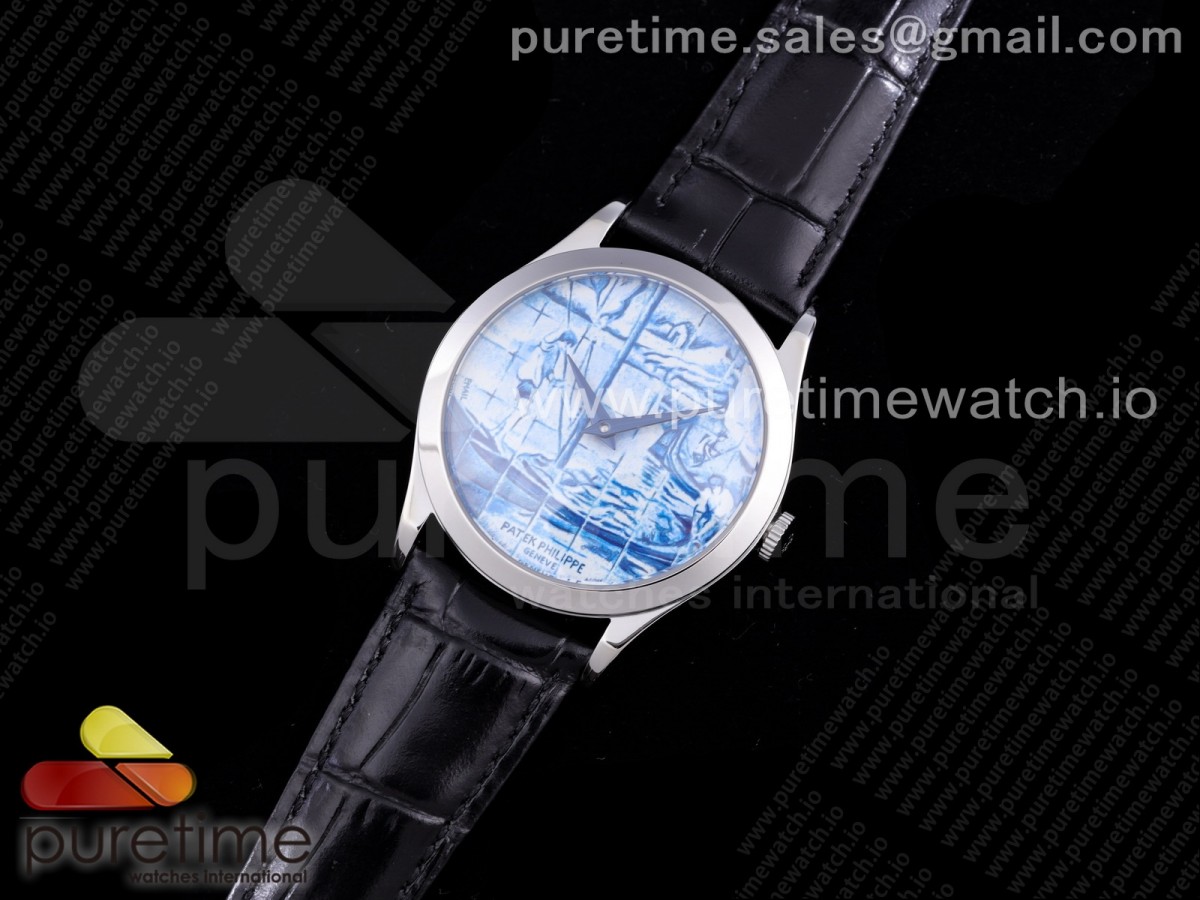 FL공장 파텍필립 칼라트라바 아술레이호스 에나멜다이얼 스타일1 가죽 / Calatrava SS FLF Best Edition Blue Dial Style 1 on Black Leather Strap A240 (Micro Rotor)