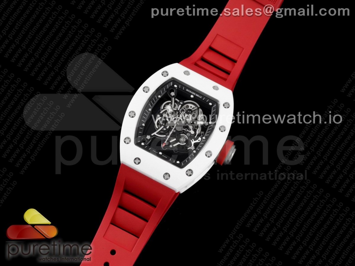 KV공장 V3 리차드밀 RM055 화이트세라믹 스켈레톤다이얼 레드러버 / RM055 White Ceramic KVF Best Edition Skeleton Dial Black on Red Rubber Strap MIYOTA8215 V3