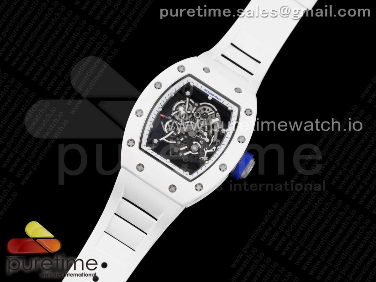 KV공장 V3 리차드밀 RM055 화이트세라믹 스켈레톤다이얼 블루용두 화이트러버 / RM055 White Ceramic KVF Best Edition Skeleton Dial White Blue on White Rubber Strap MIYOTA8215 V3