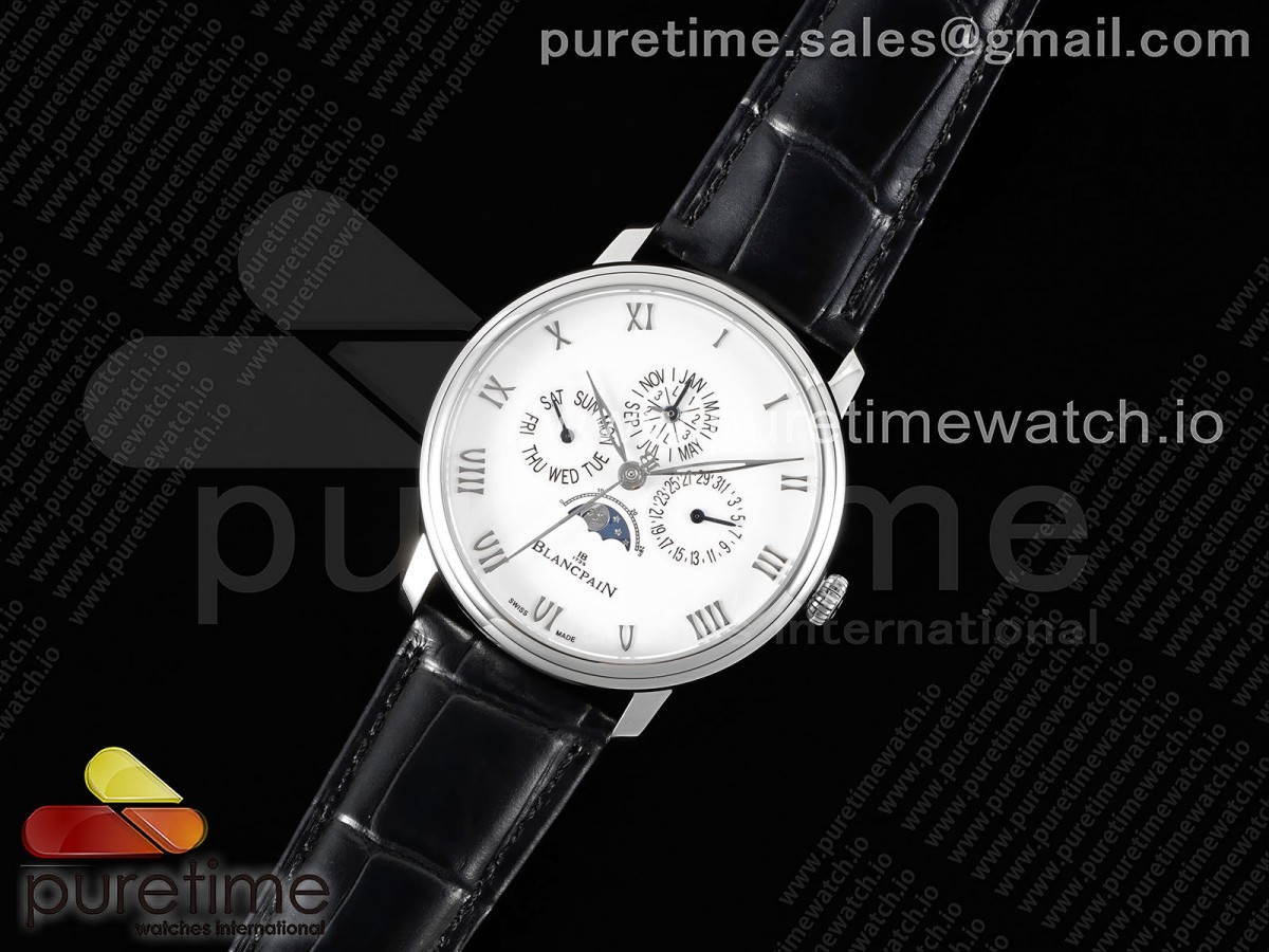 HR공장 블랑팡 빌레레 콴티엠 퍼페츄얼 6656 가죽 / Villeret Quantieme Perpetuel 6656 SS HRF Best Edition White Dial on Black Leather Strap A5954